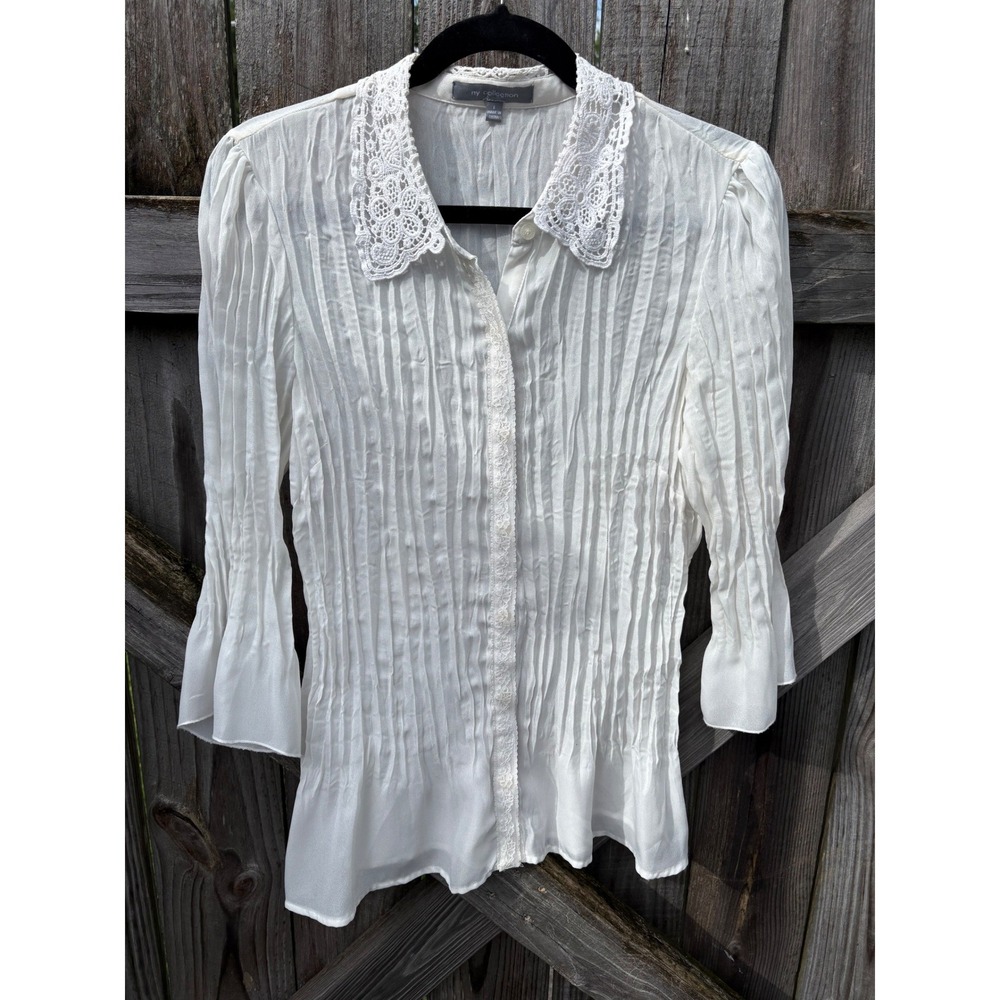 NY Collection Ivory Pleated Lace Collar Blouse Womens Large 3/4 Sleeve Button Up